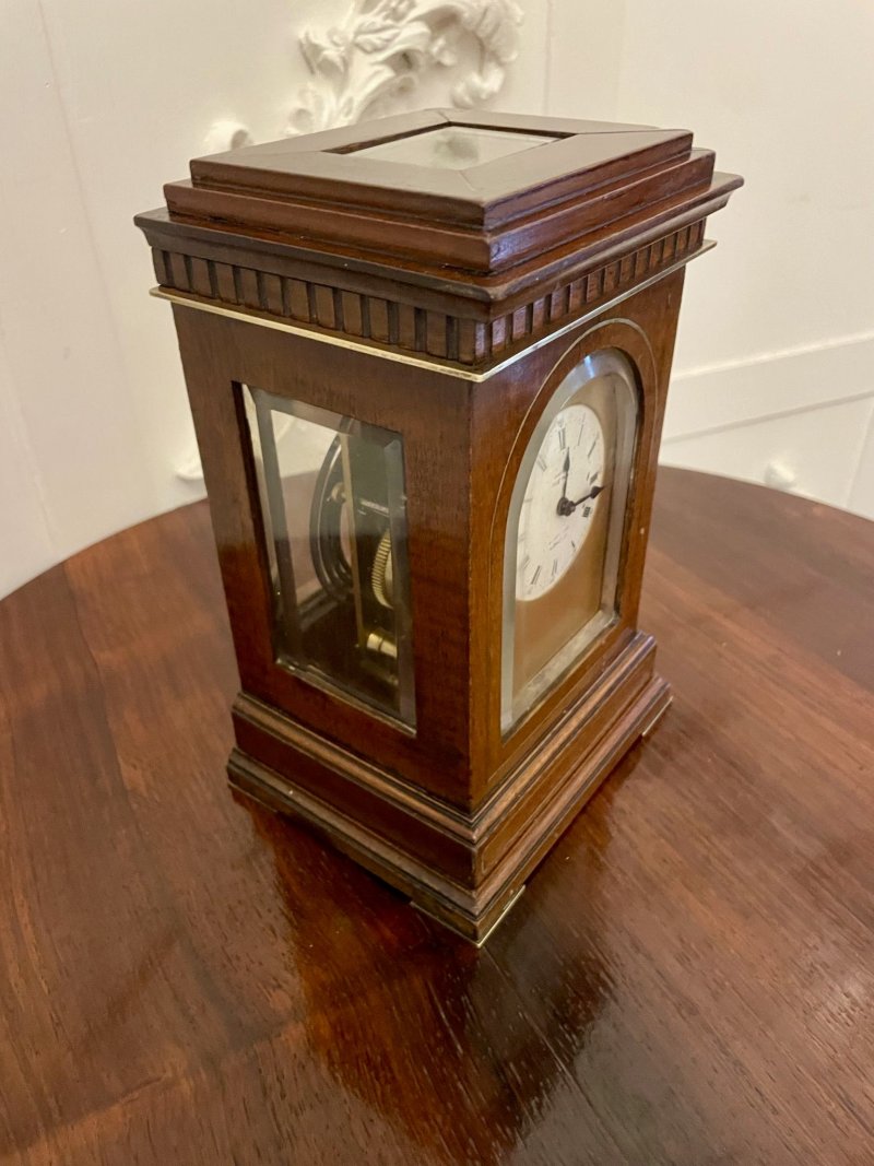 Unusual Antique Victorian Quality Mahogany Brass Inlaid Desk Clock By Dent of London - Image 5
